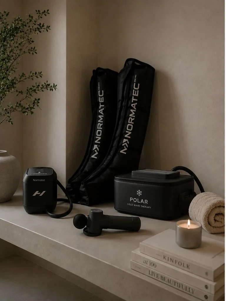 Recovery suite with compression boots and calm lighting